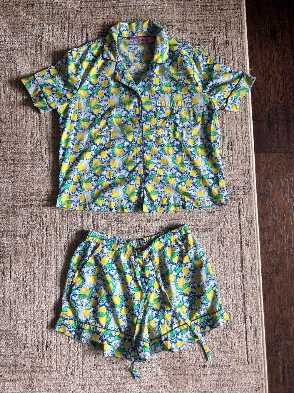 Isaac Mizrahi Lemon-Print Short Pajama Set in Yellow, Blue & White